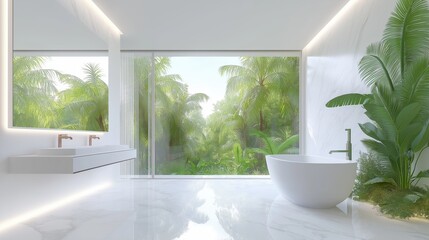 Fototapeta premium Sustainable bathroom design featuring a high-efficiency toilet with a dual-flush button, framed by lush tropical greenery