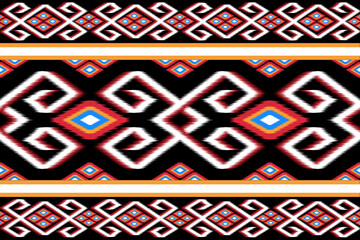 Traditional Ikat pattern with geometric and heart motifs in red, orange and white on a black background. Perfect for textile designs, home decor and fashion items inspired by ethnic crafts.