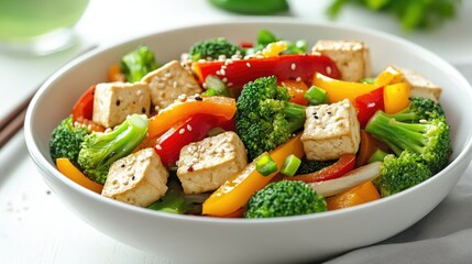 High-res image of a fresh vegetable stir-fry with colorful bell peppers, broccoli, and tofu, served in a clean, minimalist dish for a nutritious meal.