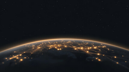 A stylized view of Earth at night, with glowing lines connecting cities.
