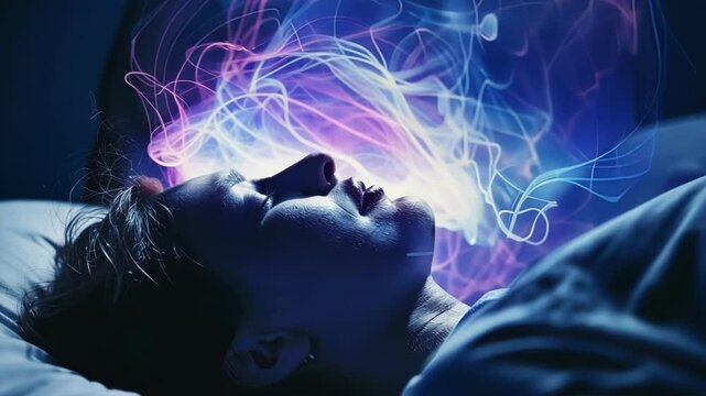 Woman lies in bed at night, her mind illuminated by colorful lights symbolizing brain stimulation, hinting at the future of neurotechnology
