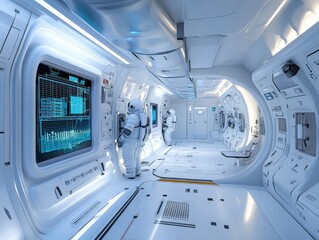 A high-tech astronaut training center where candidates train for spacewalks, with VR simulations and real-world space capsule exercises.