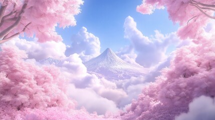 Fototapeta premium A majestic mountain range with seasonal peaks adorned in cherry blossoms, snow, summer greens, and autumn hues