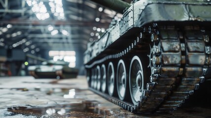 A powerful military tank with heavy armor and large tracks is positioned inside