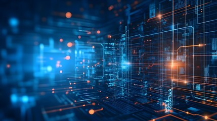 Futuristic visualization of edge computing data processing on a complex digital background with circuits,networks,and technology elements.
