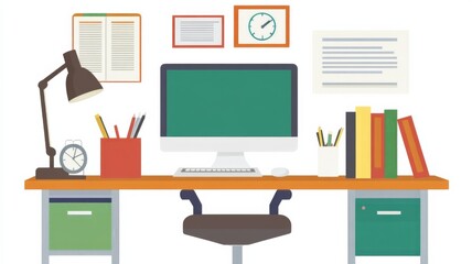 Modern office desk and chair setup in a bright and organized workspace. 