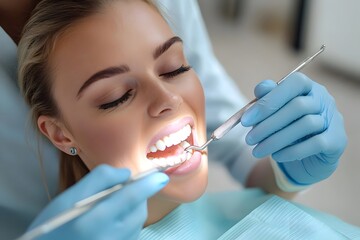 Dentist providing professional dental cleaning and oral health care treatment to patient in a bright and clean dental clinic or office. Promoting good dental hygiene and preventive dental care.