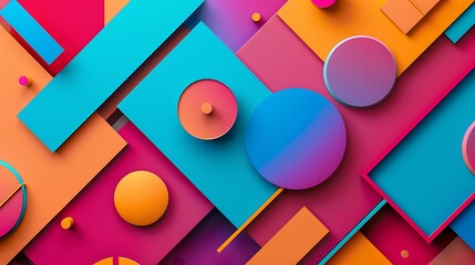 Abstract of various geometric shapes in bright colors, creating a dynamic and colorful composition.