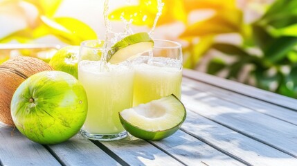 Fototapeta premium Fresh Coconut Juice with Sliced Coconut on Wooden Table
