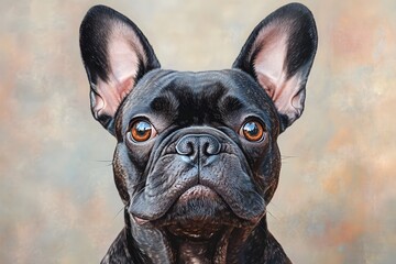 Fototapeta premium Portrait of an Alert and Curious French Bulldog in an Oil Painting Style with Art Nouveau Inspired Bright and Clean Aesthetic The Wrinkled Forehead Pointed Bat like and Well Proportioned Frame