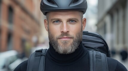 A cyclist in a helmet and backpack rides through a bustling city street, promoting eco-friendly commuting and an active lifestyle