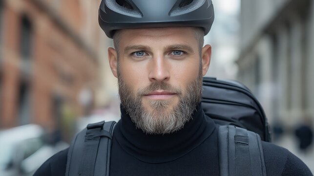 A cyclist in a helmet and backpack rides through a bustling city street, promoting eco-friendly commuting and an active lifestyle