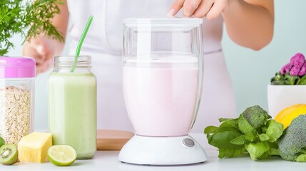 Creating a nutritious smoothie in a bright modern kitchen filled with fresh fruits and vegetables for a healthy lifestyle