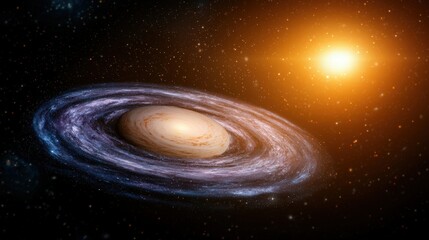 Cosmic Spiral Galaxy with Planet and Sun   Space Background