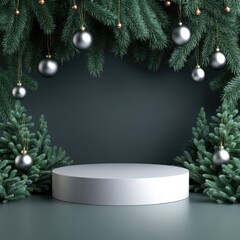 Christmas Podium with Evergreen Branches and Silver Ornaments