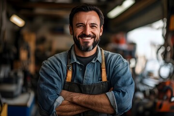 Fototapeta premium Smiling and Confident Auto Mechanic in Blue Overalls Posing with Arms Crossed in a Bright and Clean Auto Repair Shop or Garage,Ready to Provide Skilled Maintenance and Repair Services.