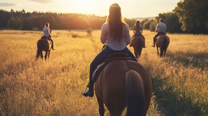 Horseback Riding: Show friends or family enjoying a scenic horseback ride through open fields and trails.