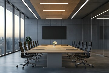 Sleek and sophisticated modern office meeting room with a central briarwood table, cinematic lighting, and a minimalist, industrial interior design.