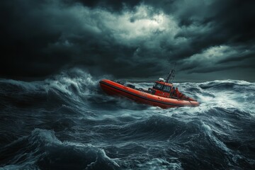 Fototapeta premium A fishing boat in the middle of a strong storm in a vast open sea with dark clouds and high waves, natural disaster, emergency