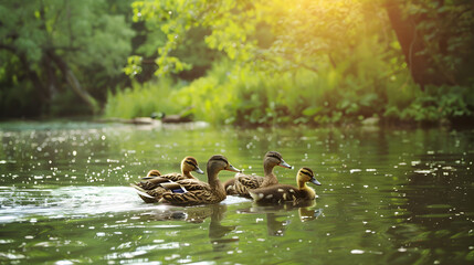 A serene pond with ducklings following their parent ducks, creating peaceful ripples in the water.