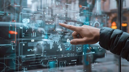 Hand reaches out to touch a digital interface, showcasing futuristic technology and data visualization.