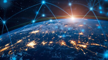 An abstract digital network visualization with glowing orange nodes and connecting lines