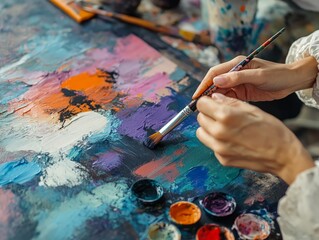 Naklejka premium A person practicing mindful art therapy by creating abstract art, using colors and brushstrokes to explore their inner feelings.