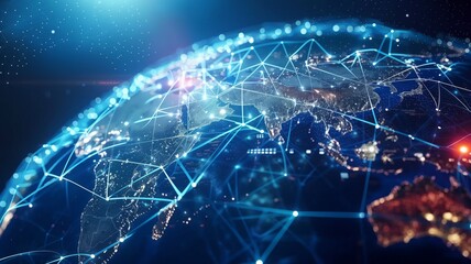 Fototapeta premium A dynamic digital landscape featuring wave-like structures of interconnected orange and blue nodes