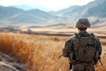 A skilled and disciplined soldier stands vigilant,their camouflage-clad figure against the backdrop of a vast,rugged landscape.