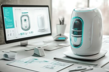 A product design process visualized with sketches, prototypes, and final renders of a cutting-edge home appliance.