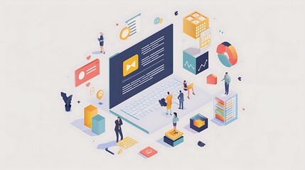 illustration depicting a digital marketing strategy with people working on a laptop data analytics social media and tools for online engagement brand growth and business promotion concept.