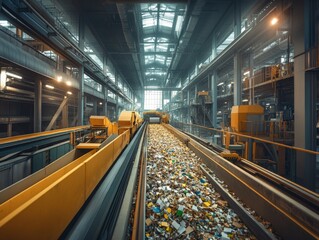 Fototapeta premium A recycling center processing paper waste, with conveyor belts and machinery converting waste paper into pulp for reuse.