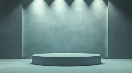 A circular platform in a room with spotlights and a textured wall