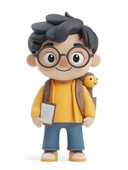 Cute and Stylized 3D Character of a Happy Young Student Holding Books and School Supplies on a White Background. Cartoon-style 3D Render of an Animated Boy Character with Glasses.
