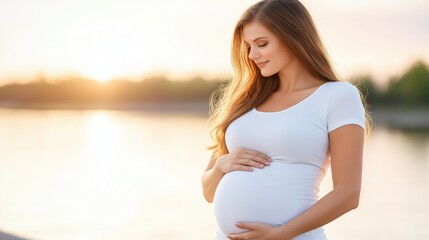 A serene sunset moment by the lake with a pregnant woman cradling her baby bump, embracing the gentle evening tranquility