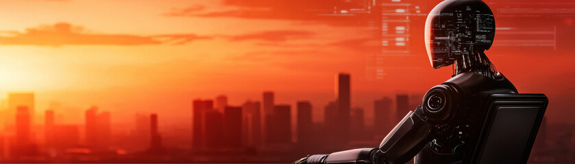Obraz premium Robot observing city skyline at sunset, futuristic atmosphere with vibrant colors.