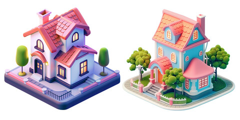 set of cute mansion house. isometric. 3D cartoon animation style.