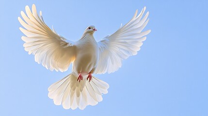 Obraz premium A graceful white dove in flight against a blue sky, symbolizing peace and freedom.