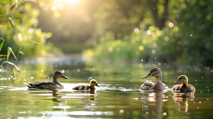 A peaceful pond scene featuring a family of ducks gracefully swimming together in harmony.