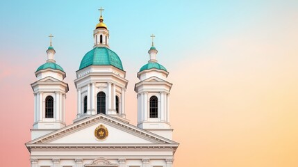 Fototapeta premium White Church with Green Domes Against a Pink and Blue Sky