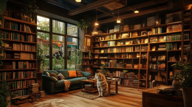Cozy library interior with a cat, bookshelves, sofa, and window.