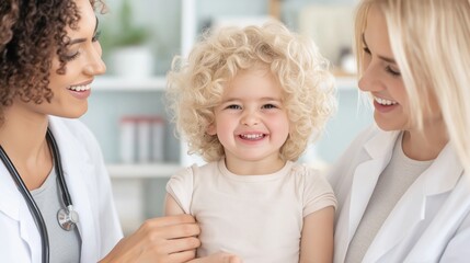 Obraz premium A toddler comforts in a doctor's office after vaccination with a sticker reward for bravery from the smiling doctor and parent