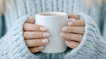 Close-up of hands in a blue knit sweater holding a white mug, perfect for autumn or winter warmth and comfort themes.