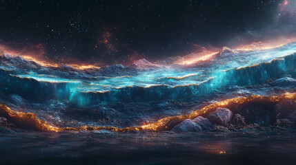 Fototapeta premium A stunning view of an alien landscape with a vibrant blue and orange glow.