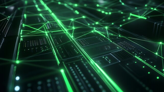 A secure server connection with encrypted data flows represented by glowing green lines between servers, ensuring data safety.