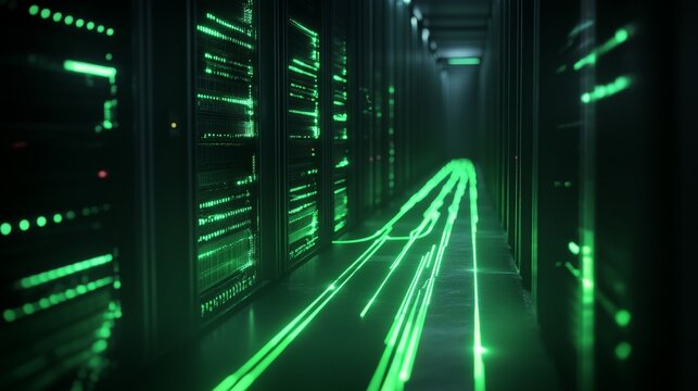A secure server connection with encrypted data flows represented by glowing green lines between servers, ensuring data safety.