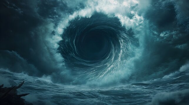 Powerful Whirlpool Forming in the Middle of the Stormy Ocean Showcasing the Destructive Energy and Turbulent Power of Nature