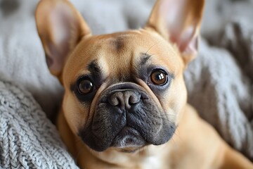 Obraz premium Closeup Portrait of an Adorable French Bulldog Showing Its Unique Wrinkled Facial Features and Charming Personality This Bright and Clean Pet Photography Image Would Make a Great Photo