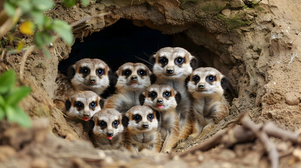 A close-knit meerkat family snuggles in their cozy burrow, looking out for each other.