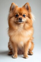 Obraz premium Portrait of Pomeranian Dog Sitting on Plain White Background